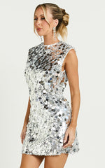 Tracy Mini Dress - Disc Sequin Shift Dress in Silver