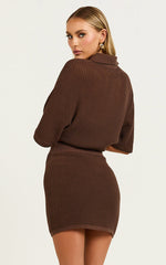 Tristan Mini Skirt - Crochet Knit Drawstring Skirt in Chocolate