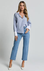 Trixie Shirt - Striped White Cuff & Collar Detail Button Up Shirt in Blue Stripe