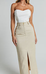 Vanna Midi Skirt - High Waisted Front Slit Skirt in Stone