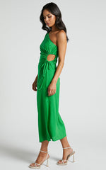 Victoria Midi Dress - Linen One Shoulder Puff Sleeve Cut Out Dress in Green