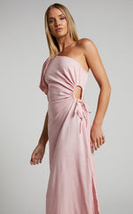 Victoria Midi Dress - Linen One Shoulder Puff Sleeve Cut Out Dress in Pale Pink
