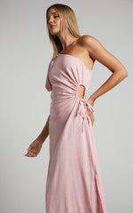 Victoria Midi Dress - Linen One Shoulder Puff Sleeve Cut Out Dress in Pale Pink