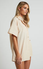 Vina Del Mar Two Piece Set - Linen Look Shirt and Shorts Set in Oatmeal