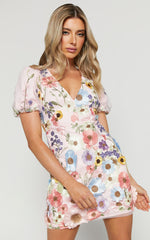 Wren Mini Dress - Puff Sleeve Bodycon 3d Garden Flowers Dress in Pink
