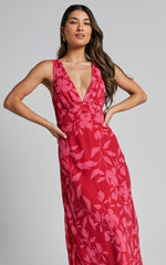 Welmina Midi Dress - Plunge Neck Sleeveless Slip in Havana Silhouette floral