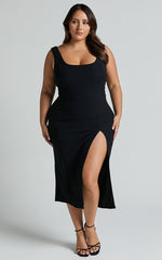 Wilder Midi Dress - Textured Thigh Split Bodycon Dress in Black