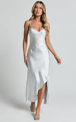Ylona Midi Dress - Asymmetric Draped Bias Cut Satin Slip Dress in Oyster