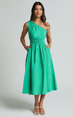 Yulia Midi Dress - One Shoulder Shirred Waist Dress in Green
