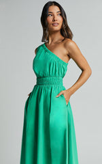 Yulia Midi Dress - One Shoulder Shirred Waist Dress in Green
