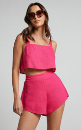 Zanrie Two Piece Set - Linen Square Neck Crop Top and High Waist Mini Flare Shorts Set in Hot Pink