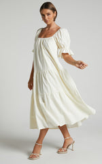 Zaharrah Midi Dress - Tiered Dress in Cream Linen Look