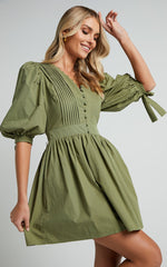 Zandra Mini Dress - Puff Sleeve Poplin Dress in Khaki