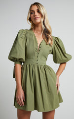 Zandra Mini Dress - Puff Sleeve Poplin Dress in Khaki