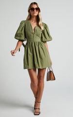 Zandra Mini Dress - Puff Sleeve Poplin Dress in Khaki