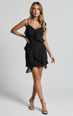 Zaria Mini Dress - Asymmetric Frill Detail Mini Dress in Black