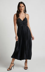 Zayla Midi Dress - Plisse Twist Front Dress in Black