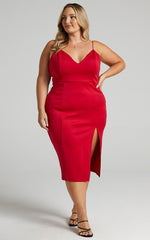 Big Ideas Midi Dress - V Neck Thigh Split Dress in Red
