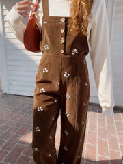 Corduroy Floral Backless Pocket Wide Leg Jumpsuit