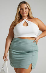 International Babe Mini Skirt in Sage Linen Look