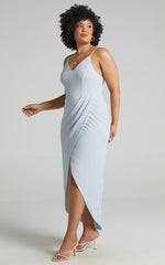 Lucky Day Midi Dress - V Neck Drape Dress in Ice Blue