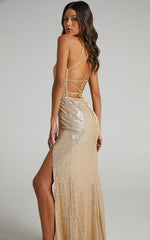 Magic Hour Maxi Dress - Thigh Split Tie Back Dress in Gold Sequin