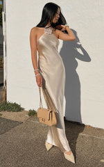 Keithy Maxi Dress - Rosette Halter Neck Slip Dress in Champagne