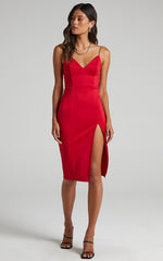 Big Ideas Midi Dress - V Neck Thigh Split Dress in Red
