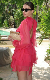 Charlize Mini Dress - High Neck Long Sleeve Layered Dress in Coral