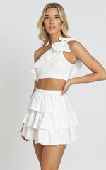Rooftop SpritzTwo Piece Set - One Shoulder Ruffle Top and Mini Skirt Set in White