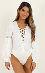 Im Out Here Thinkin Bodysuit In White Linen Look