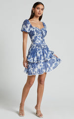 Liana Mini Skirt - High Elastic Waist Tiered Skirt in White and Blue Floral