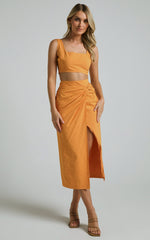 Gibson Two Piece Top and Skirt Set - Linen Crop Top and Knot Front Midi Skirt Set in Orange