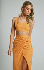 Gibson Two Piece Top and Skirt Set - Linen Crop Top and Knot Front Midi Skirt Set in Orange