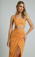 Gibson Two Piece Top and Skirt Set - Linen Crop Top and Knot Front Midi Skirt Set in Orange