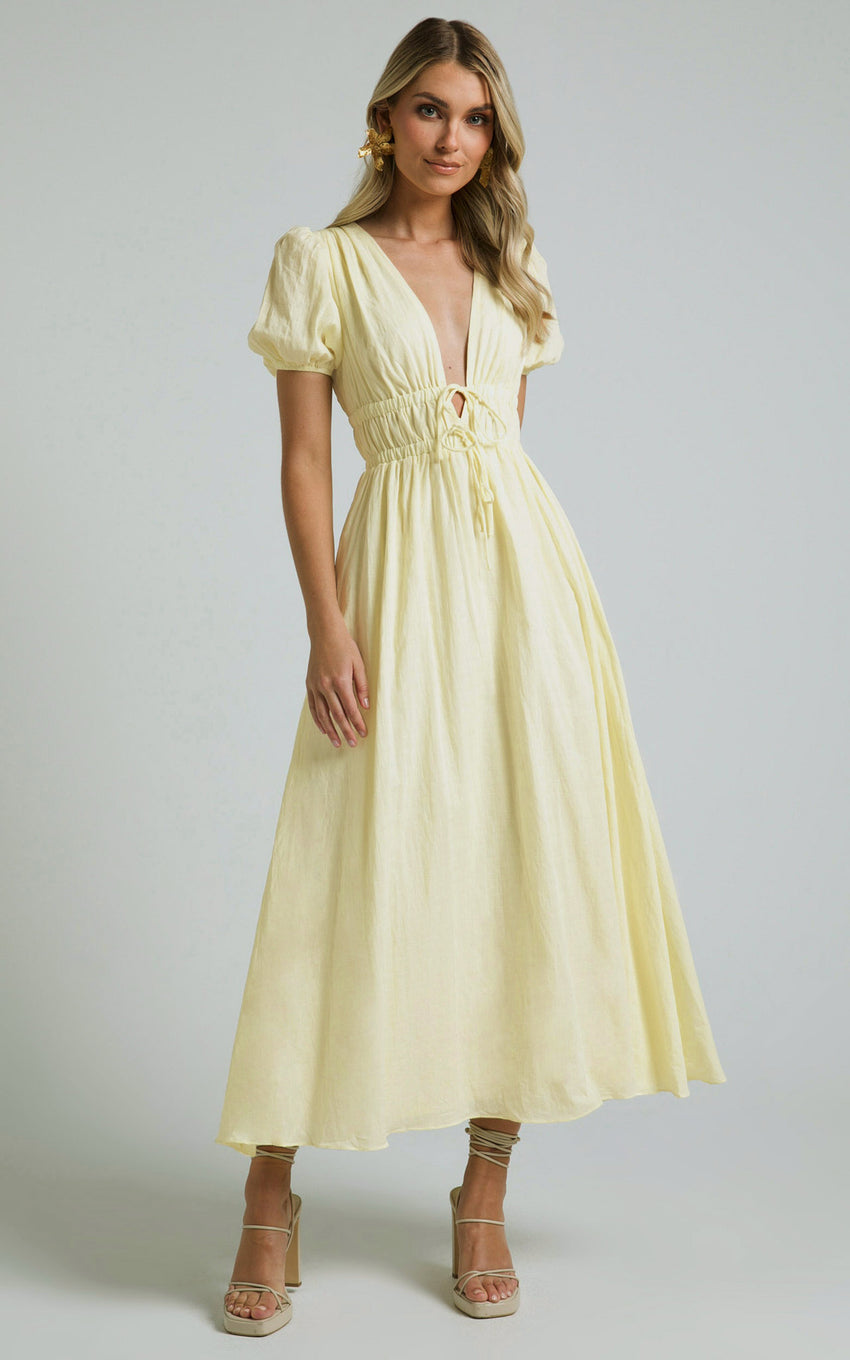 Portofino Midi Dress - V Neck Puff Sleeve Dress in Yellow