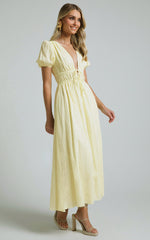 Portofino Midi Dress - V Neck Puff Sleeve Dress in Yellow