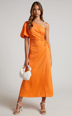 Victoria Midi Dress - Linen One Shoulder Puff Sleeve Cut Out Dress in Orange
