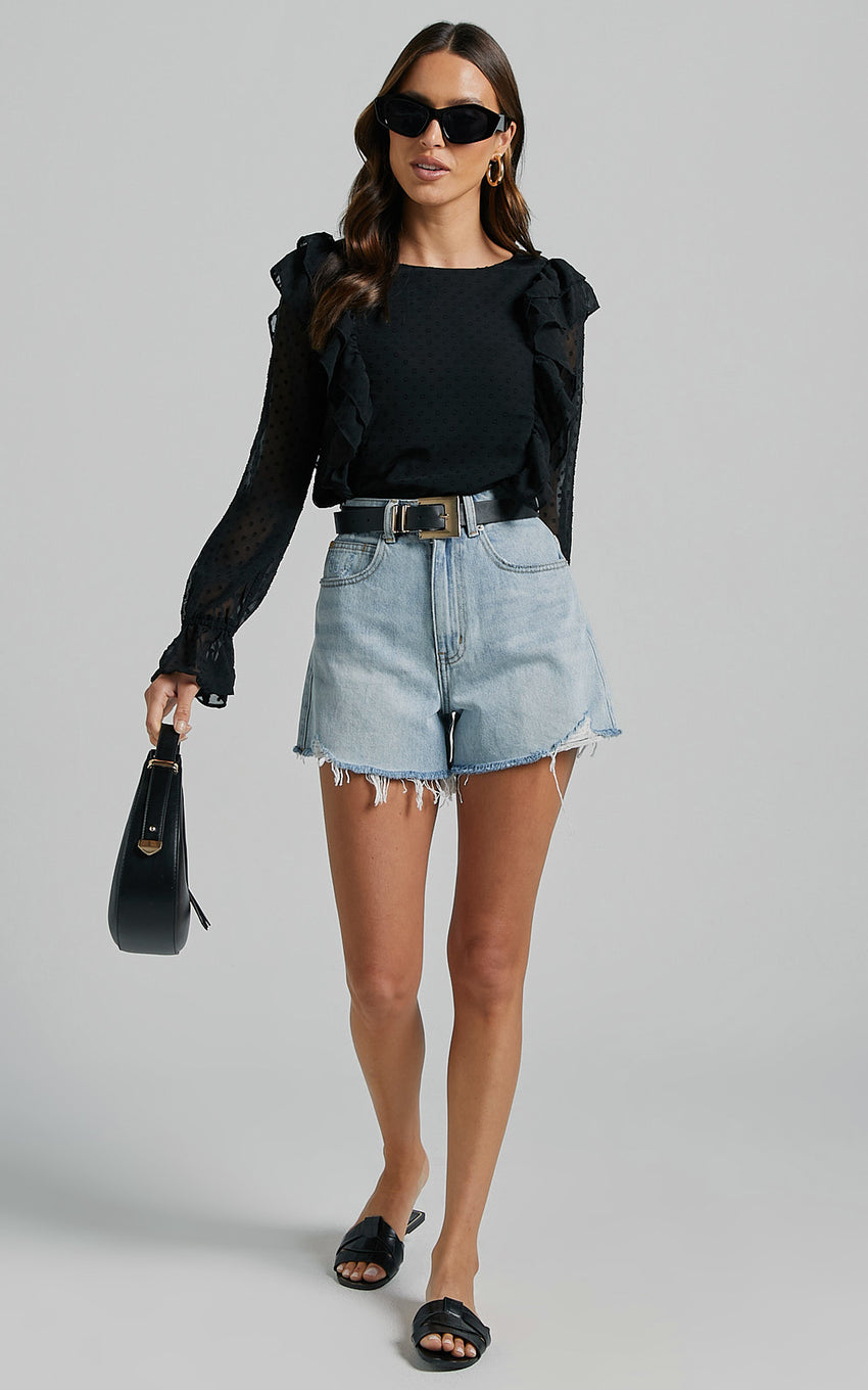 Emielene Top - Ruffle Scoop Neck Long Sleeve Top in Black