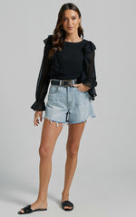 Emielene Top - Ruffle Scoop Neck Long Sleeve Top in Black