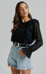 Emielene Top - Ruffle Scoop Neck Long Sleeve Top in Black