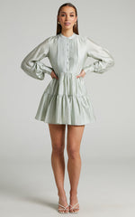 Kyra Mini Dress - Pin Tuck Detail Tiered Shirt Dress in Sage
