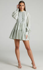 Kyra Mini Dress - Pin Tuck Detail Tiered Shirt Dress in Sage