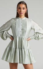 Kyra Mini Dress - Pin Tuck Detail Tiered Shirt Dress in Sage