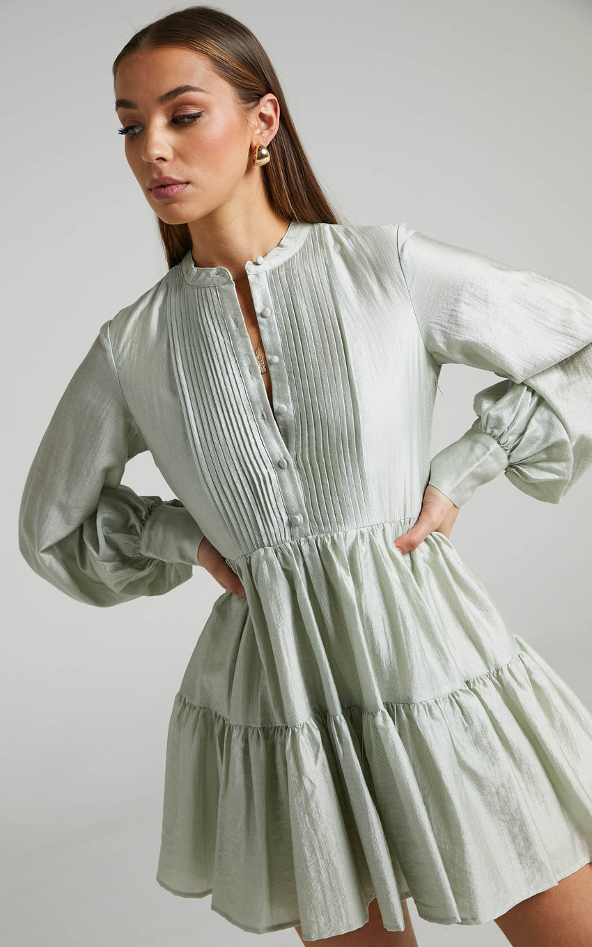 Kyra Mini Dress - Pin Tuck Detail Tiered Shirt Dress in Sage