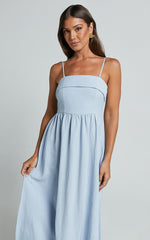 Carlyn Midi Dress - Linen Detachable Straps in Blue