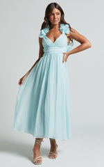 Marielly Midi Dress - Side Cut Out V Neck Ruffle Detail Sleeve Dress in Pale Blue