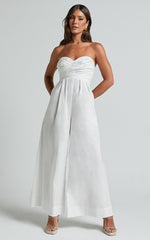 Velia Jumpsuit - Strapless Ruched Bodice Wide Leg Jumpsuit in White