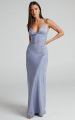 Cariela Maxi Dress - Plunge Neck Satin Dress in Pale Blue