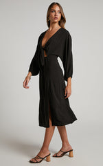 Tyricia Midi Dress - Long Sleeve Tie Front Cut Out Dress in Black